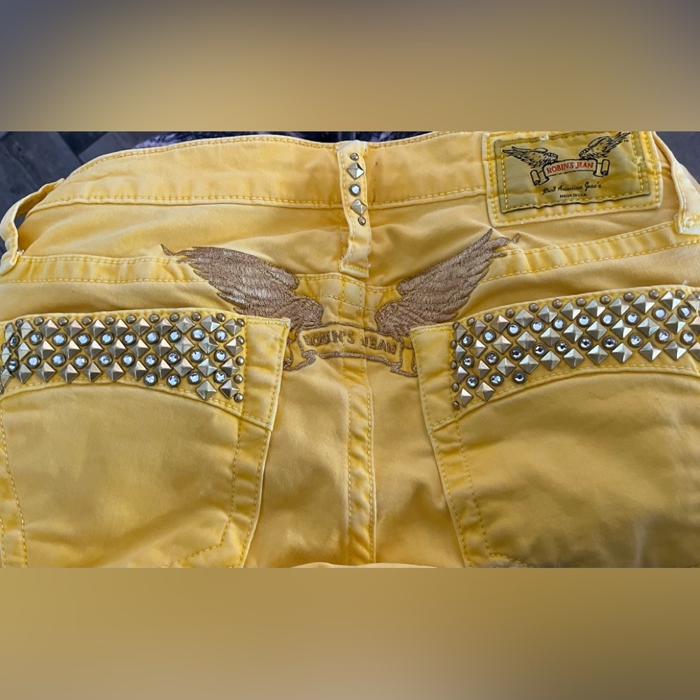 Robin's Jeans Girls Marylin Slim No Pocket Flaps Gems Wings Yellow Denim Sz 14